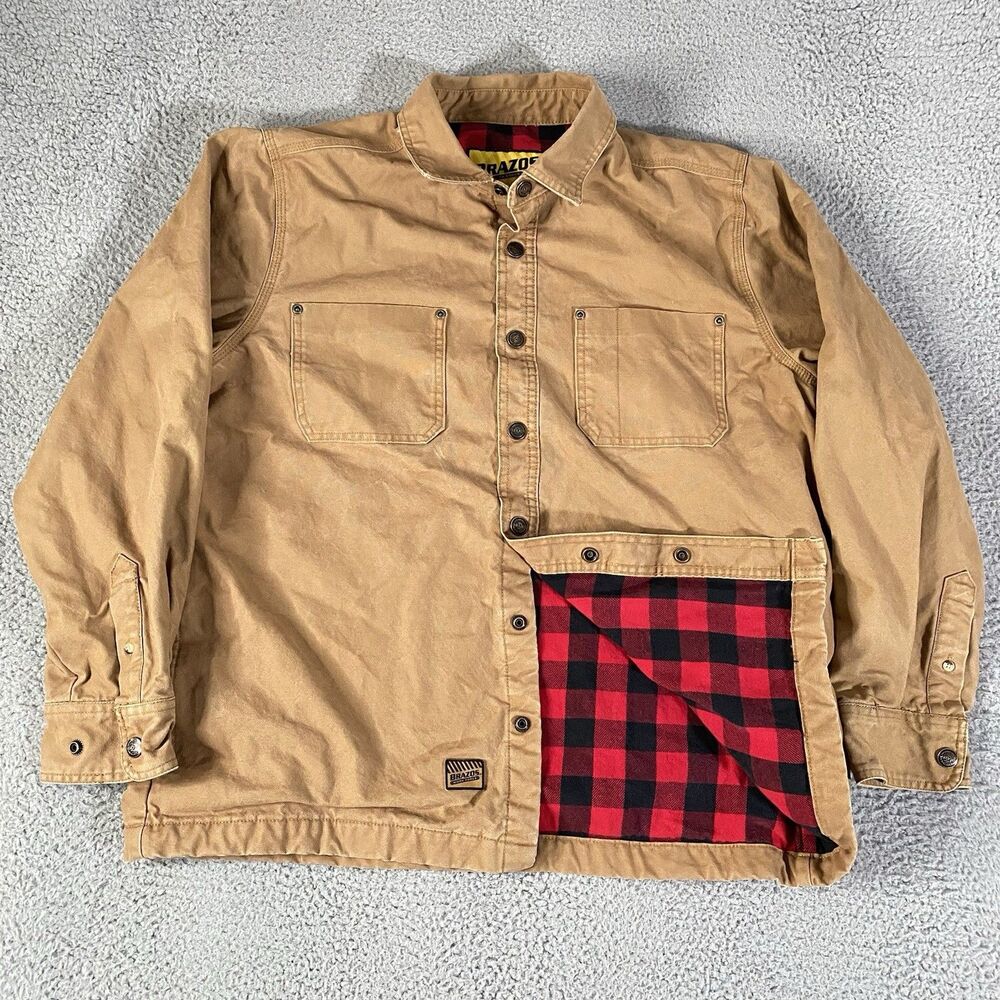 Brazos Work Force Jacket Mens Medium Beige Red Flannel Lined Canvas Work Wear
